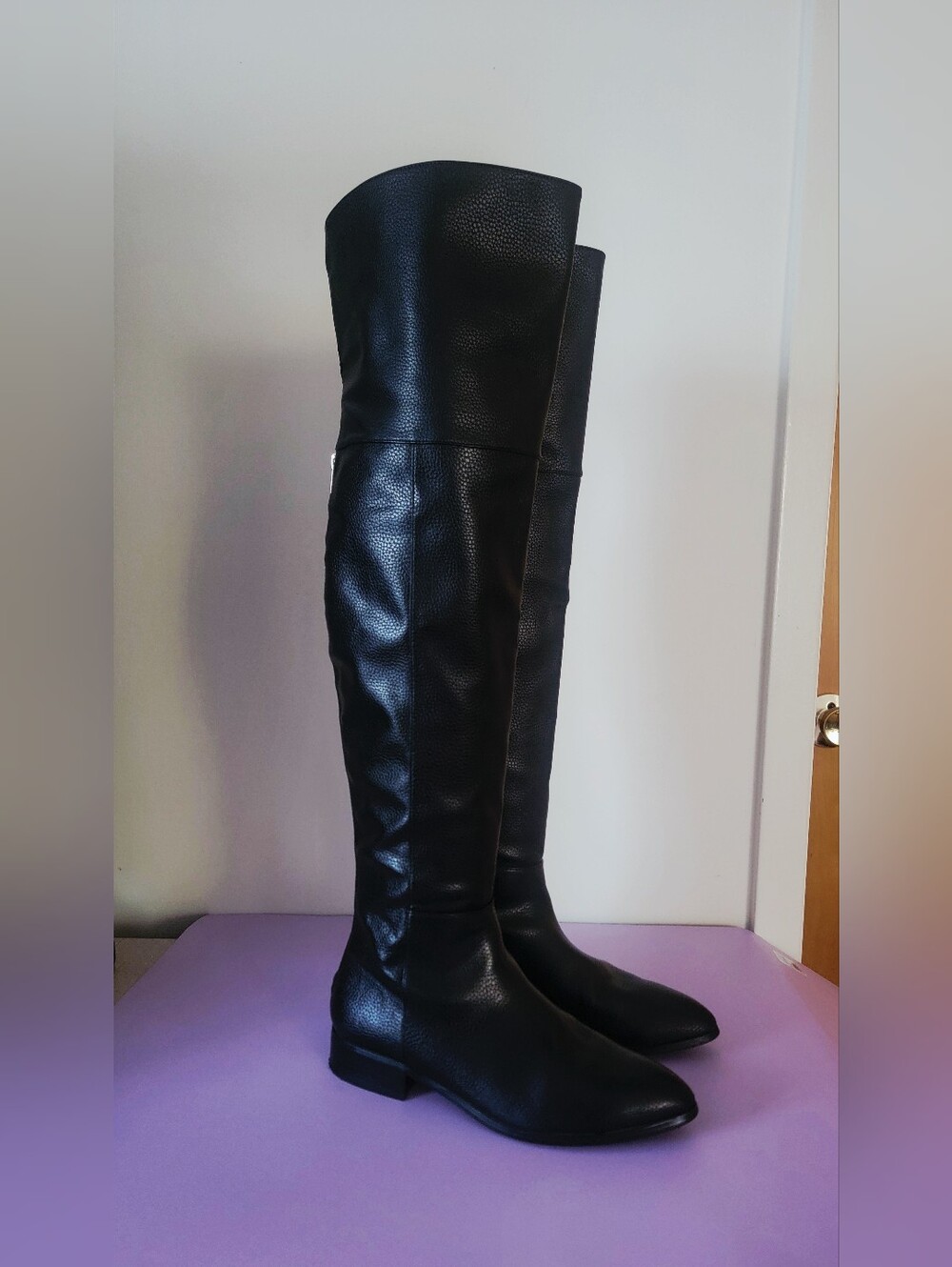 Guess Zeldah Black Pebble Grain Leather Over The Knee Flat Riding Boots - 7